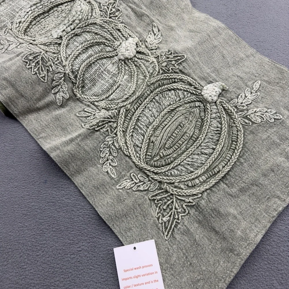 Rachel Ashwell The Farmhouse Embroidered Table Runner Pumpkins Green 14x44 New